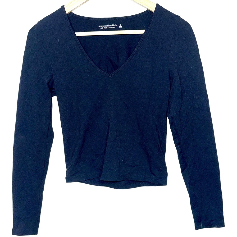 Abercrombie & Fitch Soft AF Black Nylon V-Neck Tee Long Sleeve Top Womens Size S